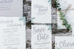 Einladungskarten an die Gäste die Hochzeit von Olivia und David in München